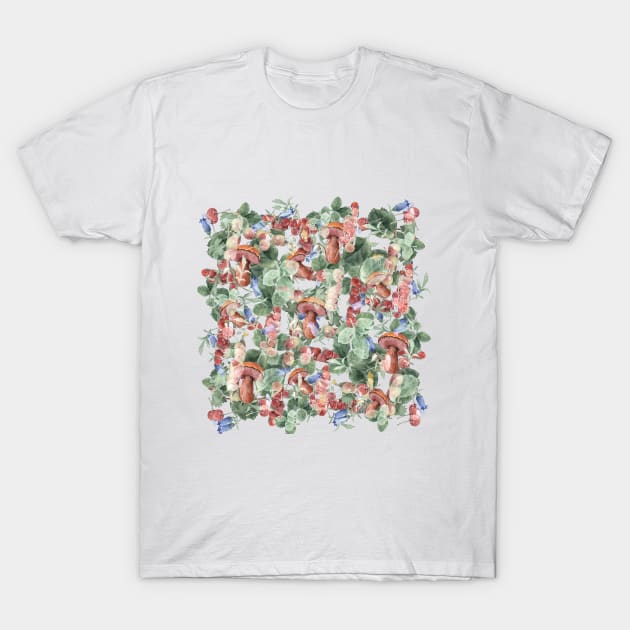 botanical pattern with leaves , berries and mushrooms T-Shirt by Trogogina_design